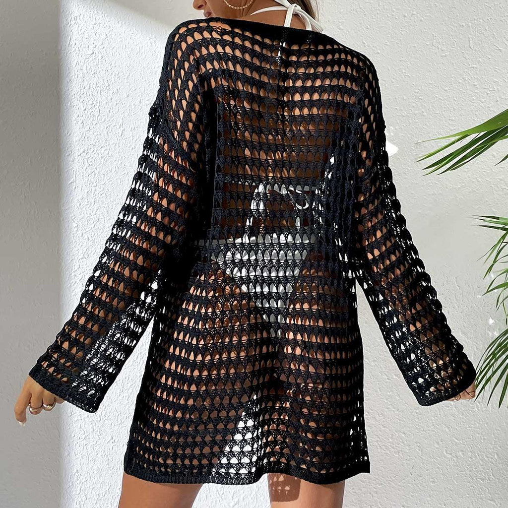 Robe bohème noire en crochet transparente, style plage féminin avec manches longues