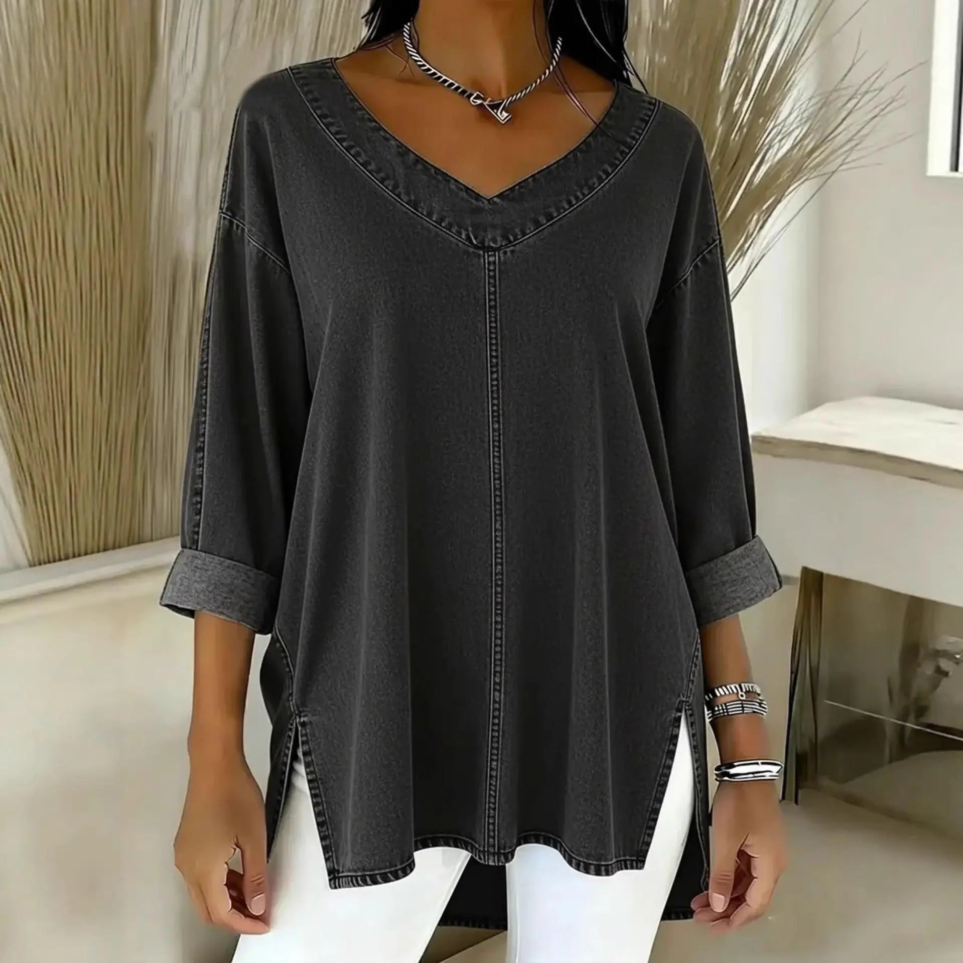 T-shirt femme gris délavé à col V et manches 3/4, style décontracté et tendance