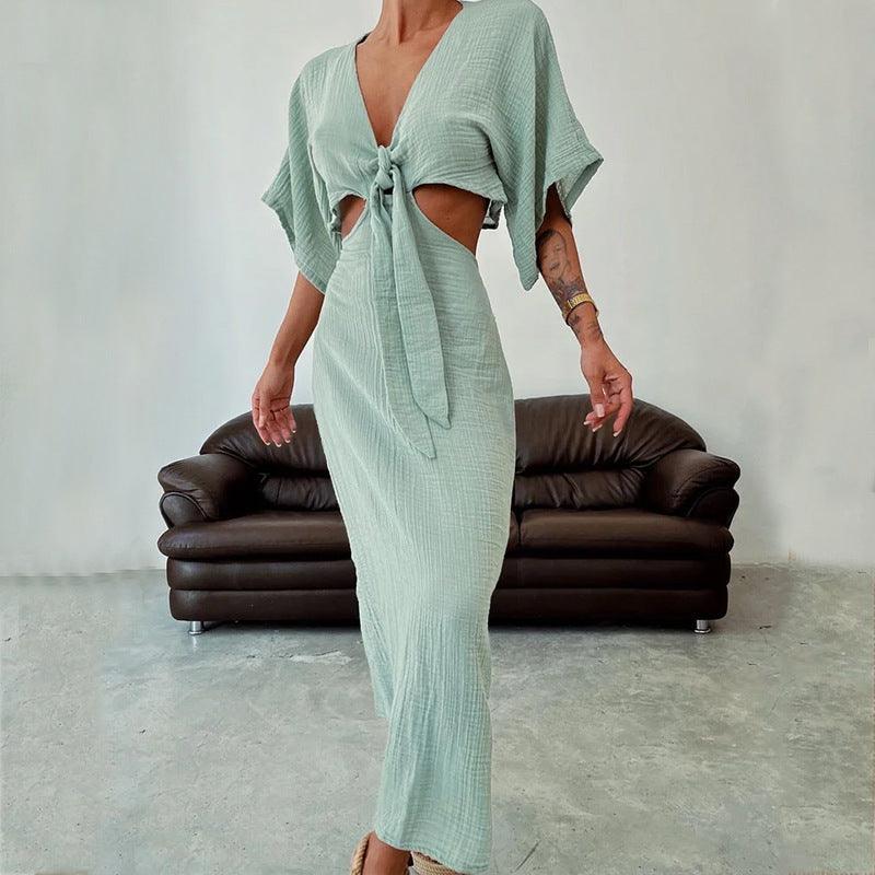 Robe longue bohème vert d'eau avec nœud et découpes latérales, mode féminine élégante