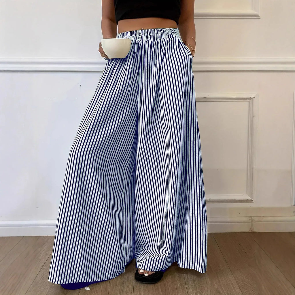 Pantalon large rayé bleu et blanc, taille élastiquée, style féminin élégant