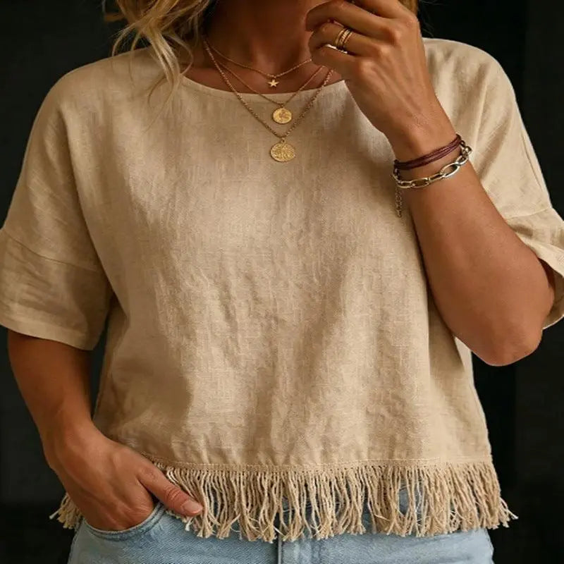 Top féminin beige à franges, manches courtes, style bohème élégant