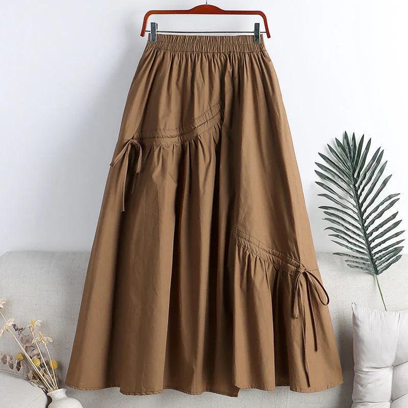 Jupe longue marron à taille élastiquée et liens, style féminin élégant, mode femme