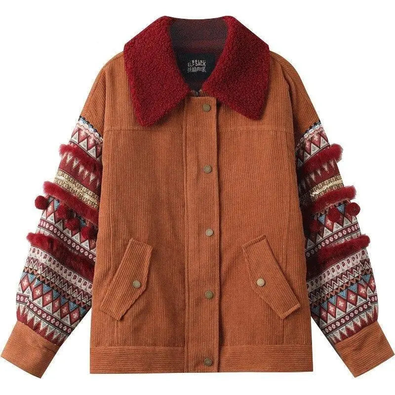 Bohemia Corduroy Single Breasted Casual Padded Coat Women,Winter ELF Full Sleeve Korean Female Warmness Outwears-0