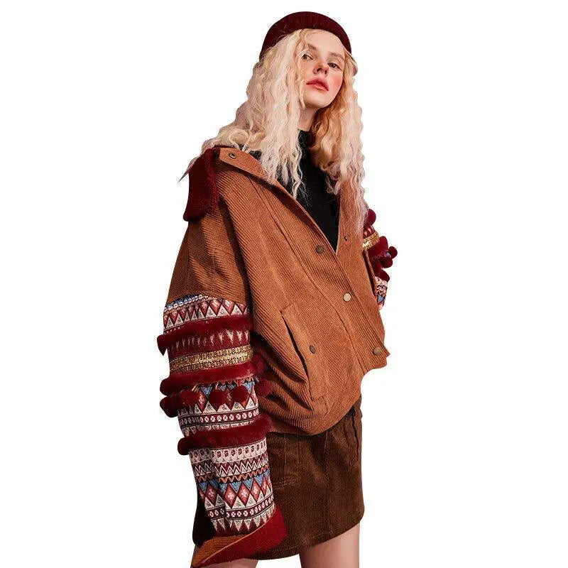 Bohemia Corduroy Single Breasted Casual Padded Coat Women,Winter ELF Full Sleeve Korean Female Warmness Outwears-1