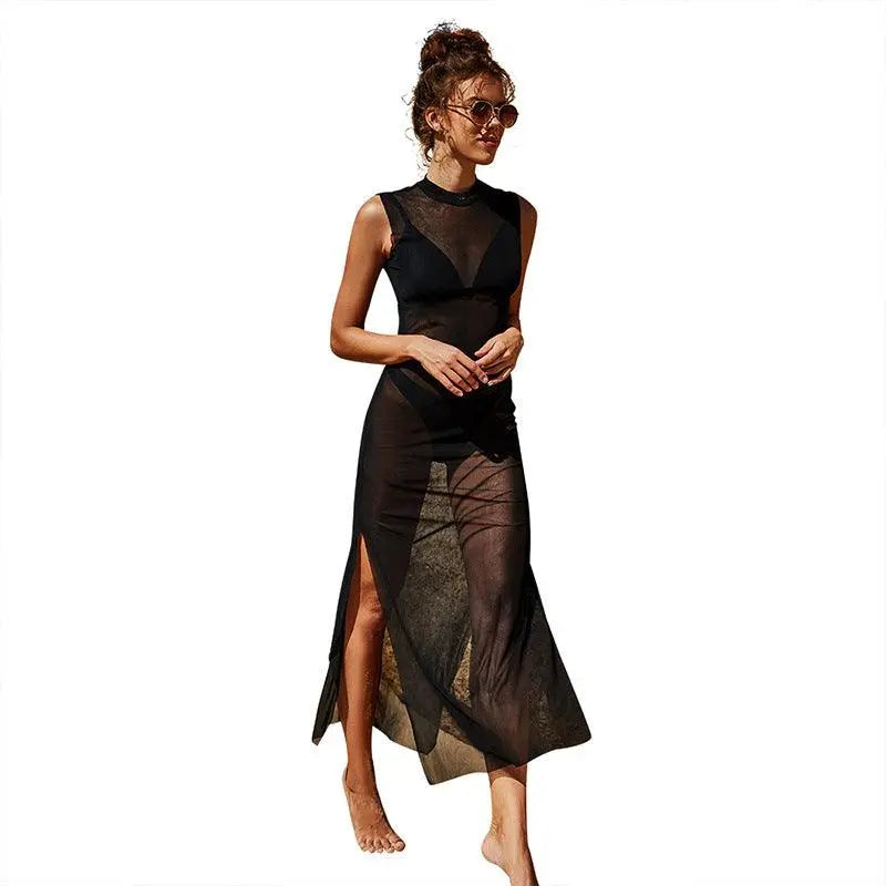 Robe longue noire transparente à fente latérale, style bohème élégant pour femme
