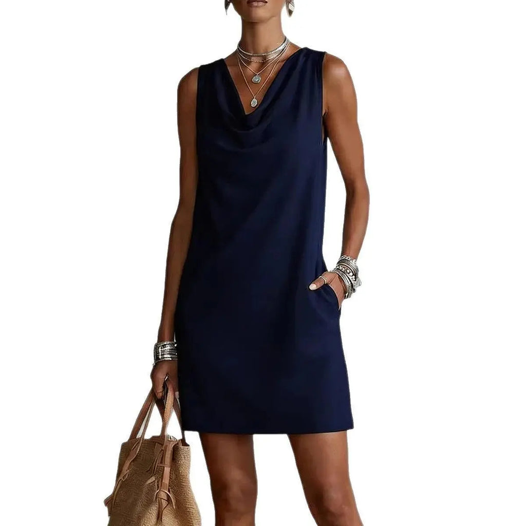 Robe bleu marine sans manches col drapé, style bohème élégant avec poches et accessoires