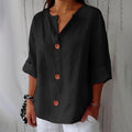 Blouse noire à boutons marron, manches 3/4, col V, style féminin et décontracté