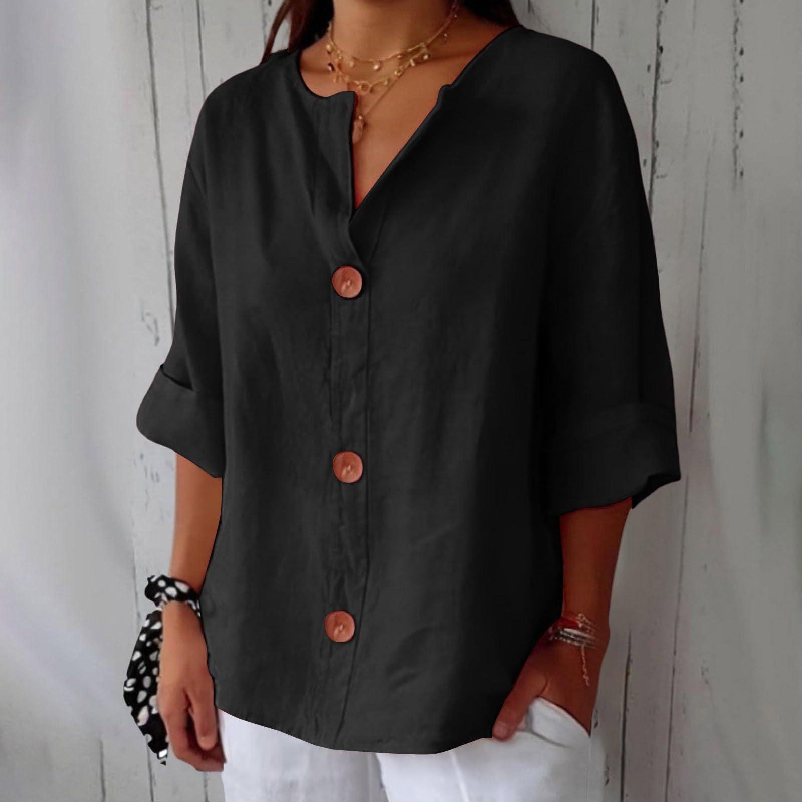 Blouse noire à boutons marron, manches 3/4, col V, style féminin et décontracté
