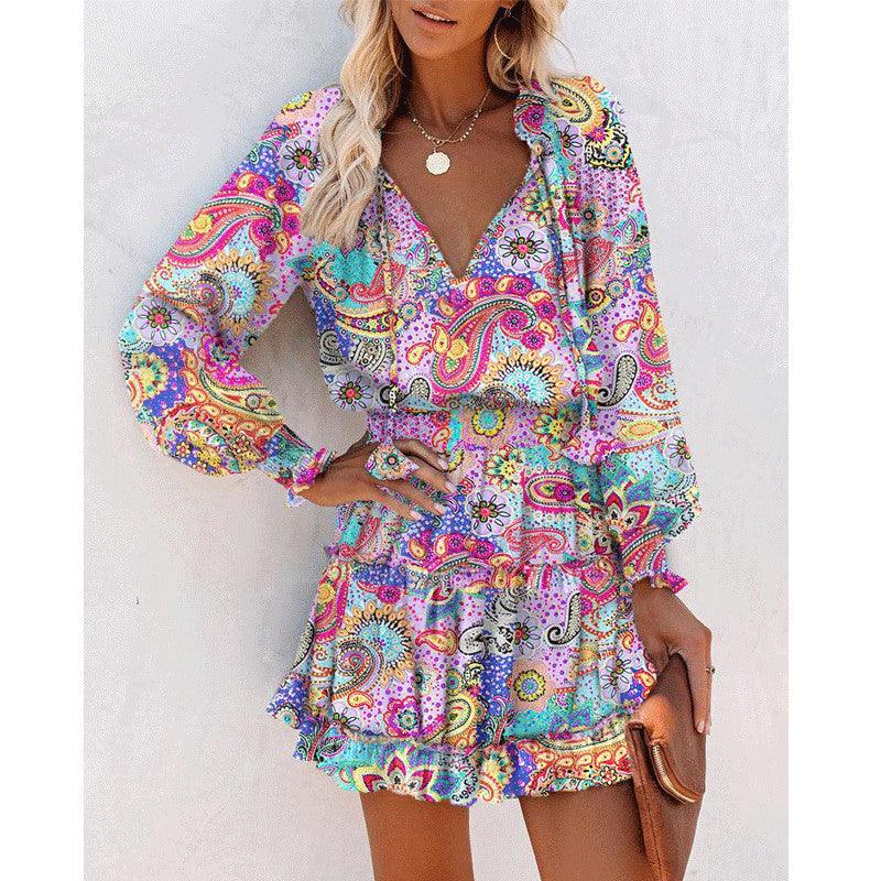 Robe bohème imprimée multicolore à manches longues et volants pour femme
