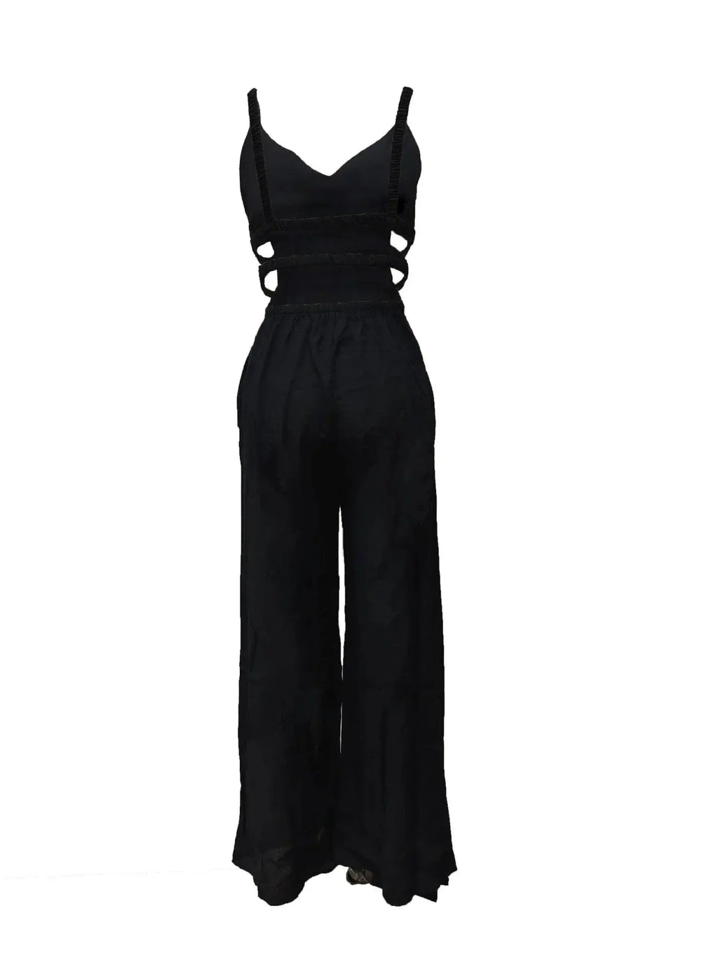 Combinaison noire femme à bretelles fines et découpes élégantes, style féminin moderne