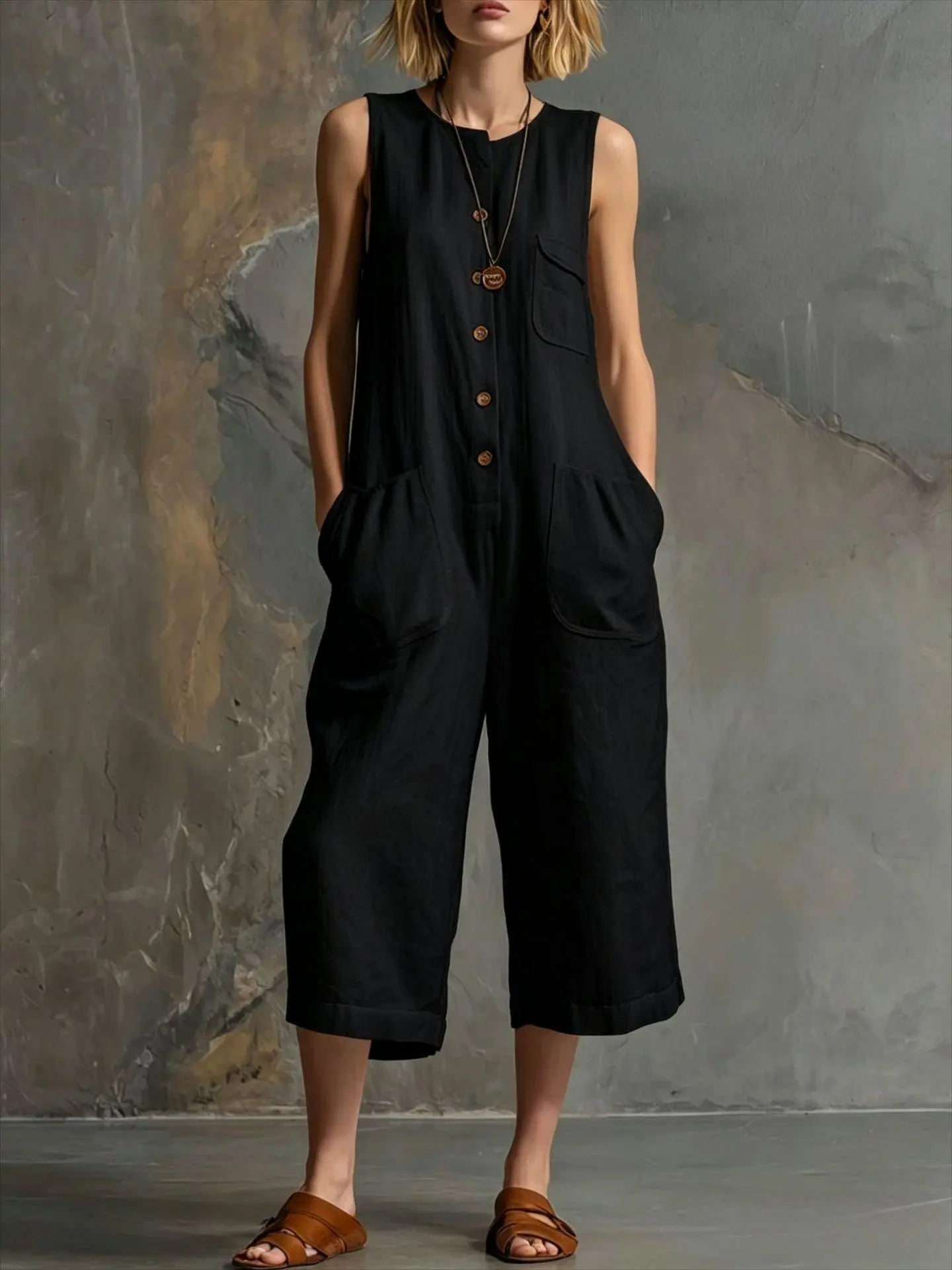 Salopette noire sans manches femme, coupe large, boutons bois, poches, style bohème élégant