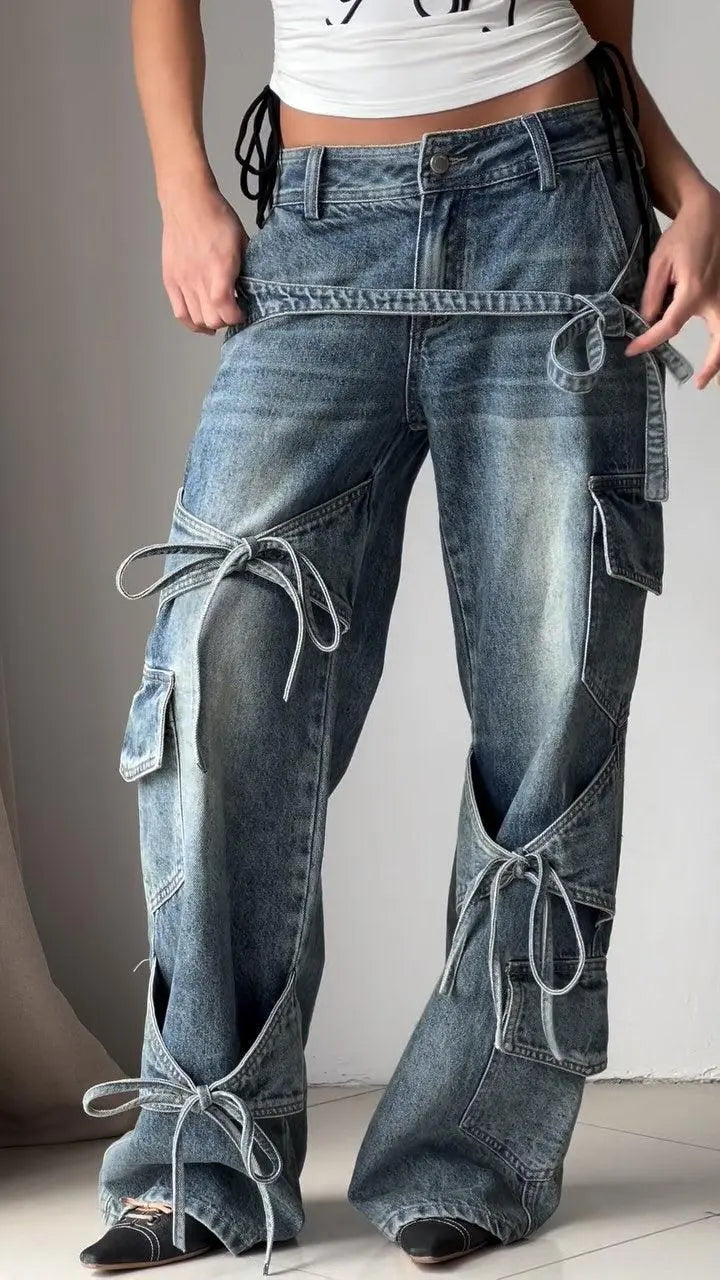 Jeans larges à lacets et poches cargo, style streetwear féminin