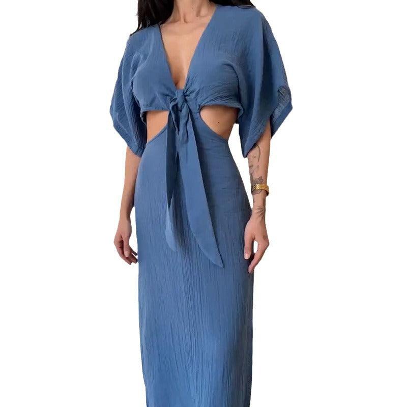 Robe bleue bohème à nouer avec découpes latérales et manches courtes pour mode féminine
