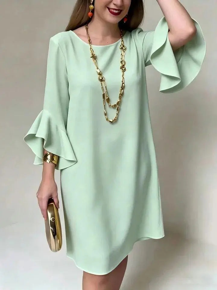 Robe bohème verte claire à manches volantées, style féminin élégant, taille élastiquée