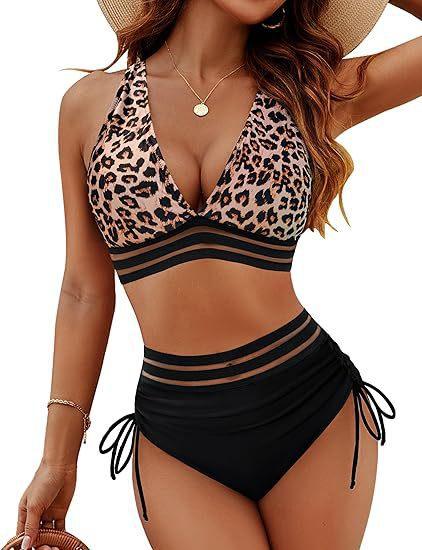 Maillot de bain deux pièces imprimé léopard et noir, style bohème pour plage