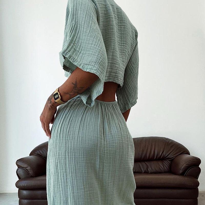 Robe bohème verte à manches courtes et dos nu, style féminin et élégant