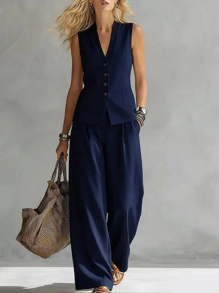 Tenue féminine élégante bleu marine : gilet boutonné et pantalon large, style moderne et chic