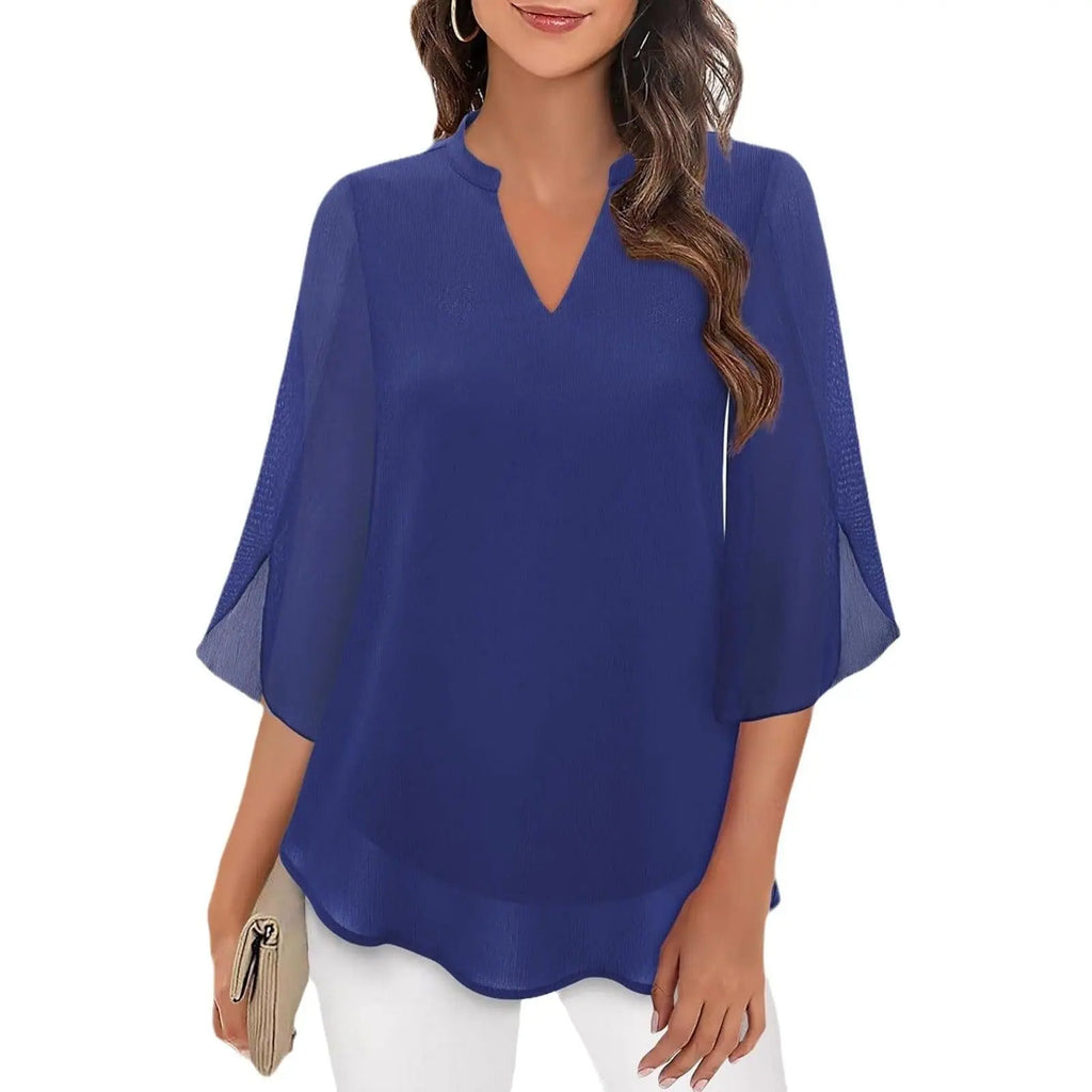 Blouse bleue femme à manches volantes et col en V, style bohème élégant pour toutes les occasions