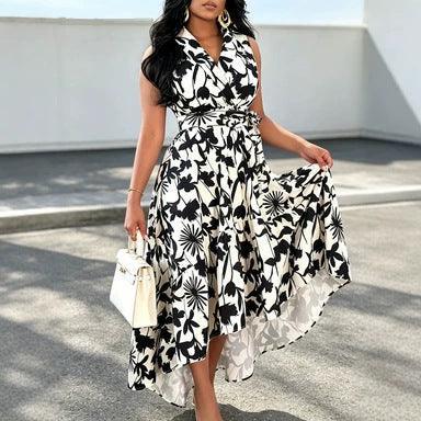 Robe bohème imprimée noir et blanc, manches courtes, taille élastiquée, style féminin élégant