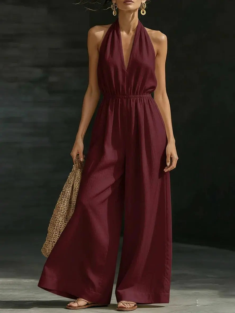 Combinaison femme bordeaux col halter large, style bohème élégant pour été