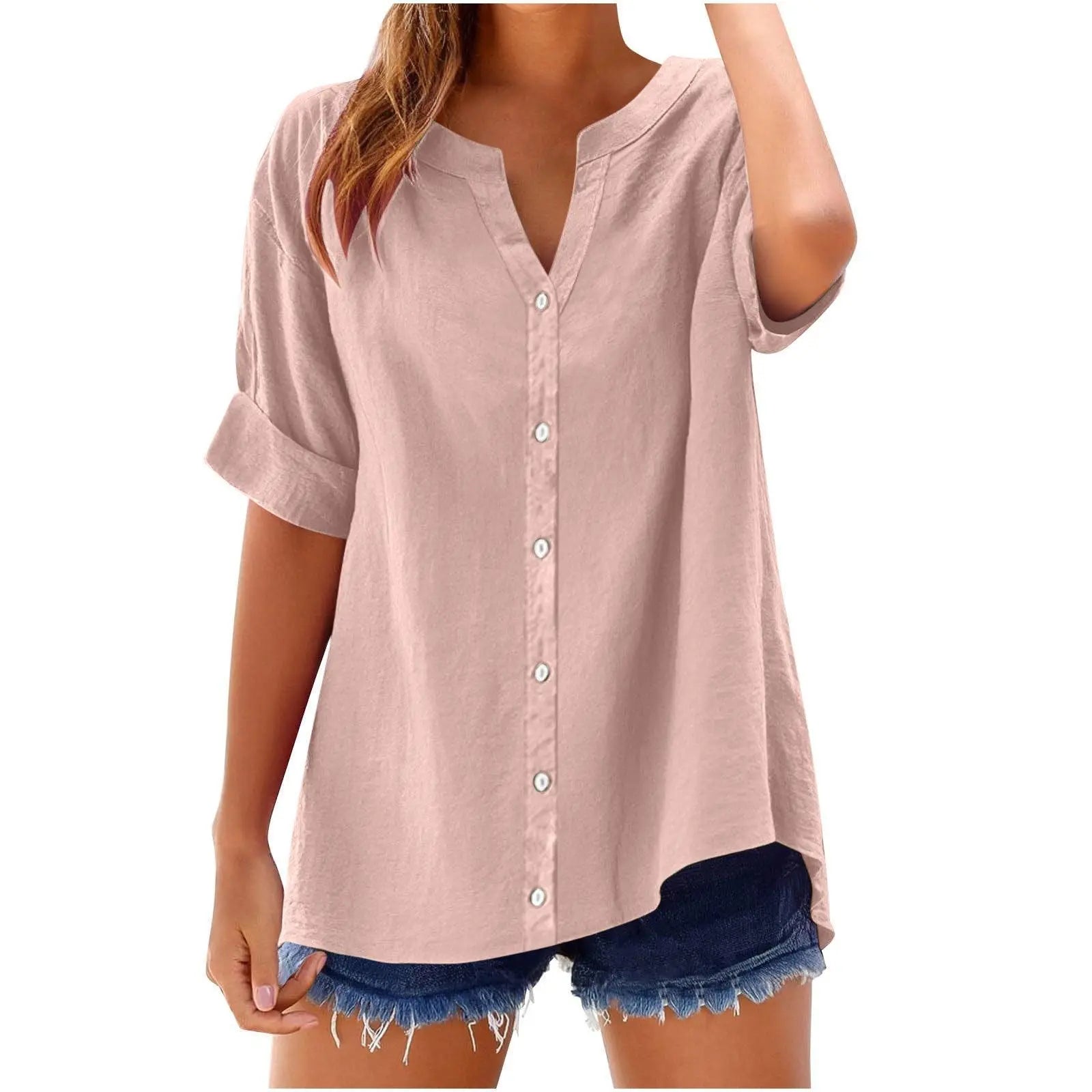 Blouse rose pâle à manches courtes et boutons, style féminin et décontracté