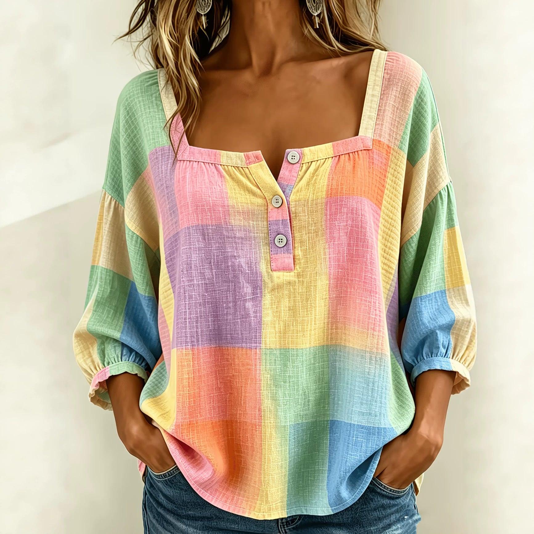 Top féminin à carreaux colorés, manches bouffantes, col boutonné, style bohème élégant