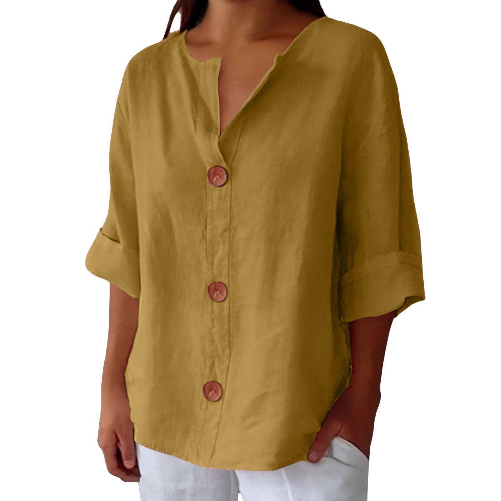 Blouse féminine jaune moutarde à manches 3/4 et boutons, style bohème chic pour été
