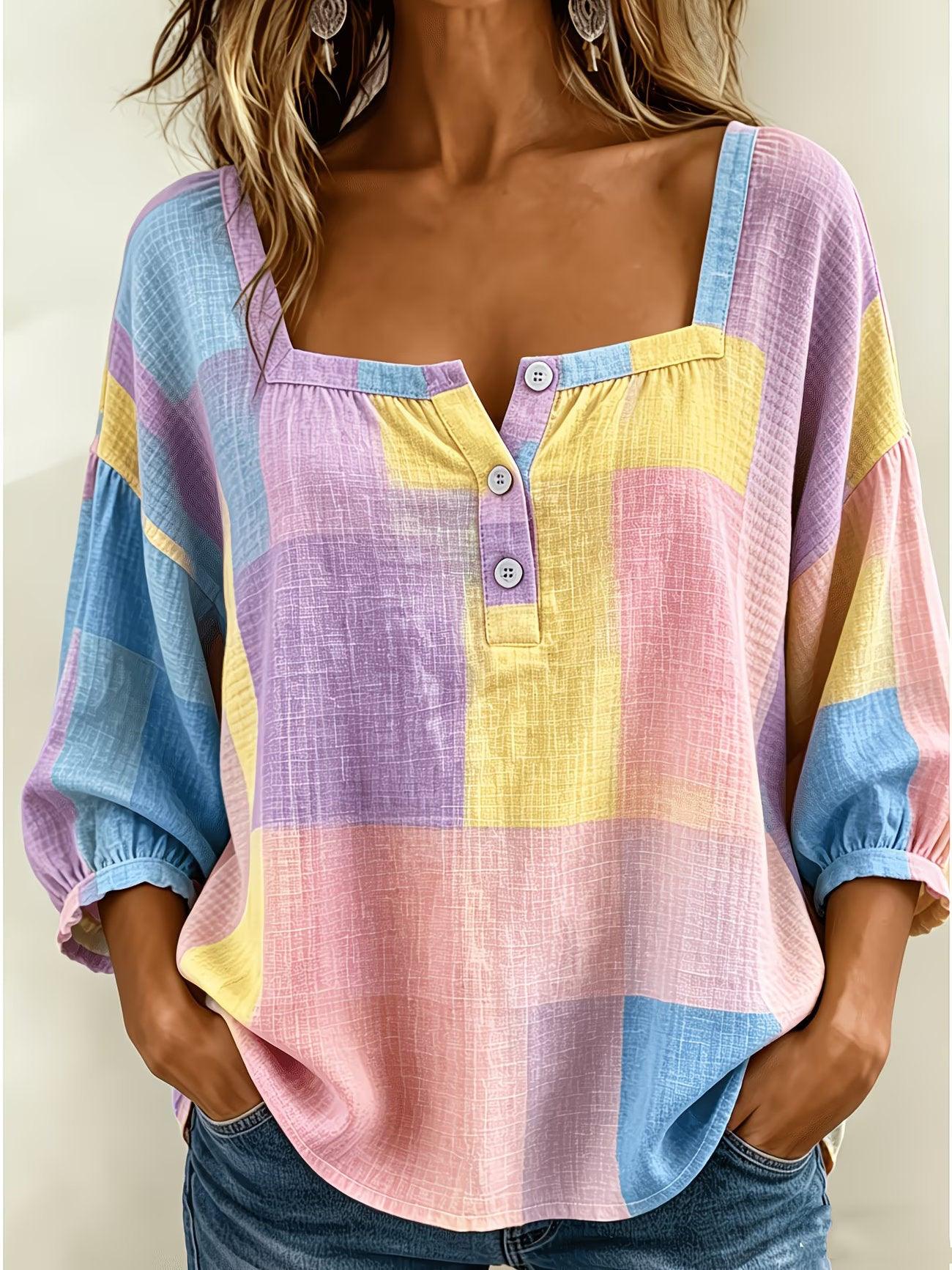 Top féminin à carreaux pastel, manches bouffantes, col boutonné, style bohème élégant