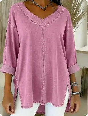 Top féminin rose vif à manches 3/4 et col V, style bohème chic pour tenues élégantes