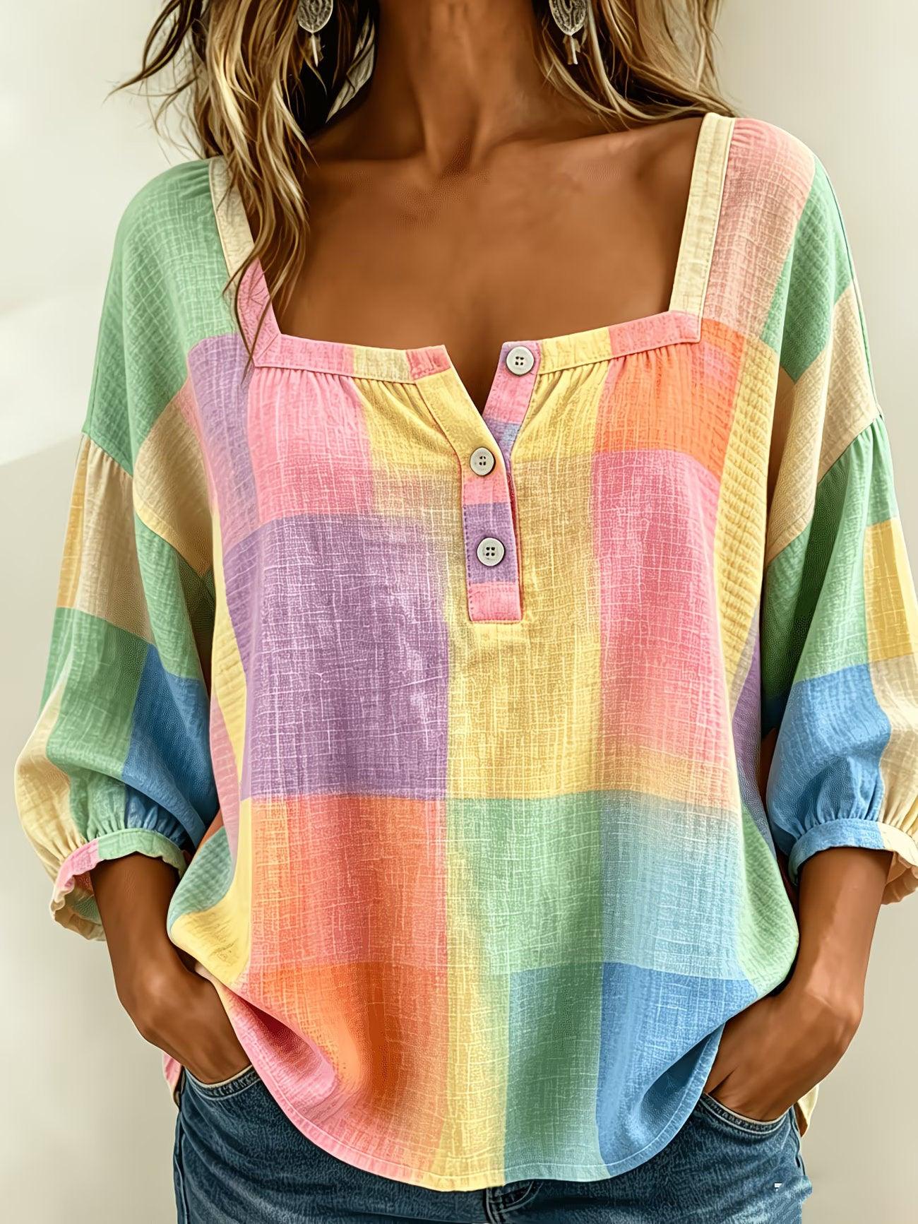 Top féminin coloré à carreaux pastel, manches bouffantes, col boutonné, style bohème élégant