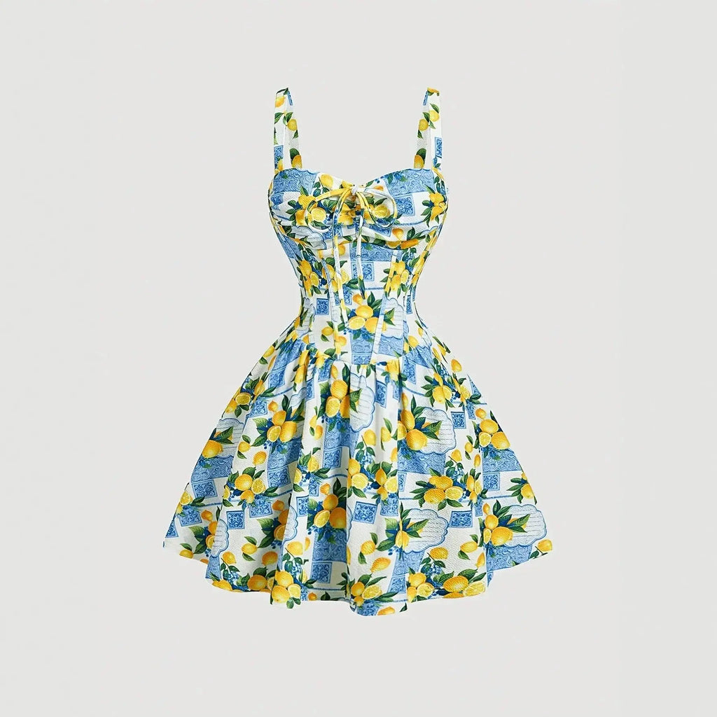 Robe bohème imprimée citrons et carreaux bleus, manches courtes, taille élastiquée, style féminin élégant