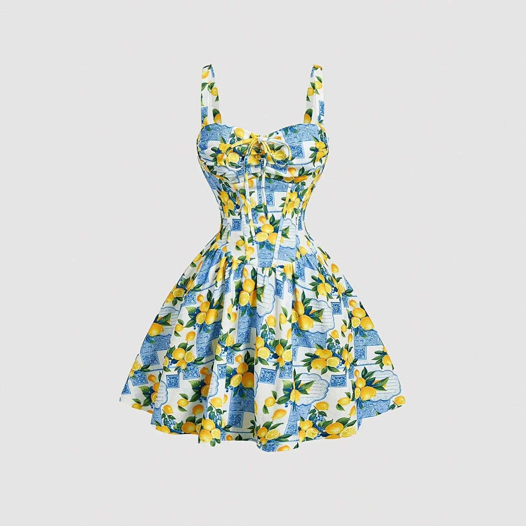 Robe bohème imprimée citrons et carreaux bleus, manches courtes, taille élastiquée, style féminin élégant