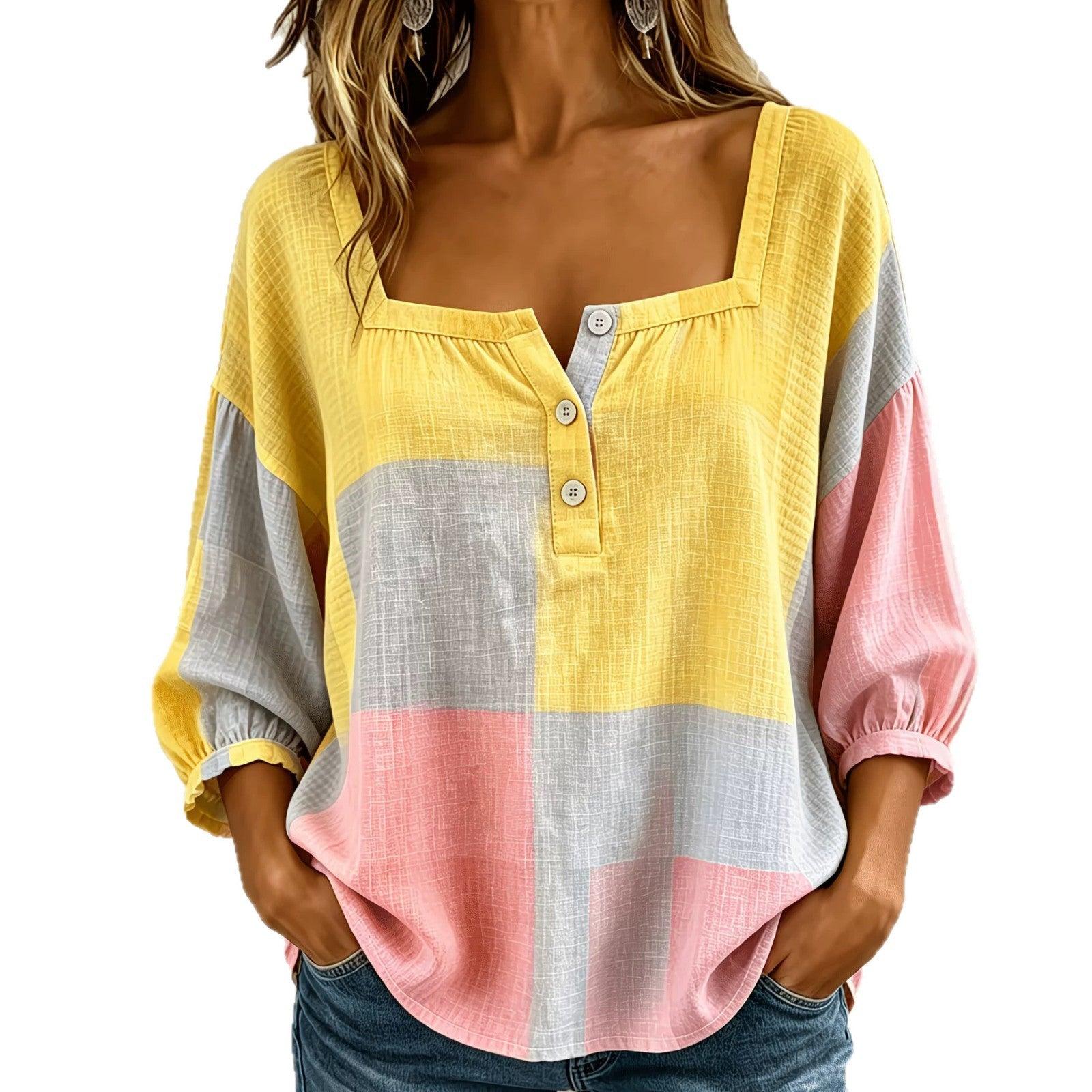 Top féminin color block jaune gris rose, manches bouffantes, col boutonné, style bohème élégant