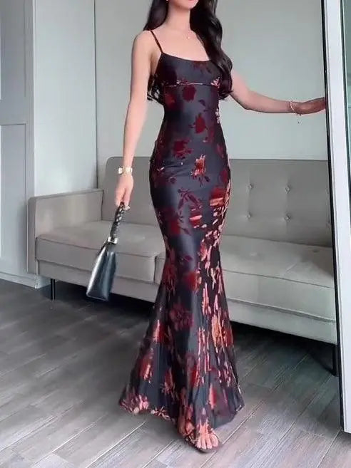 Robe longue imprimée fleurie pour femme, style élégant et bohème, parfaite pour soirée ou événement