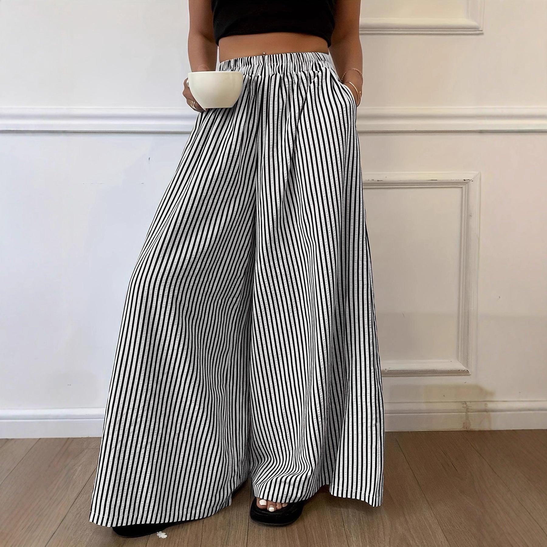 Pantalon large rayé noir et blanc pour femme, style mode féminine élégant et confortable