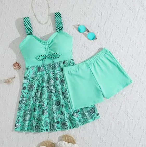 Maillot de bain deux pièces turquoise à imprimé bohème avec short assorti, idéal pour plage et vacances