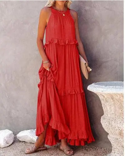 Robe longue rouge bohème à volants, idéale pour les occasions estivales et féminines