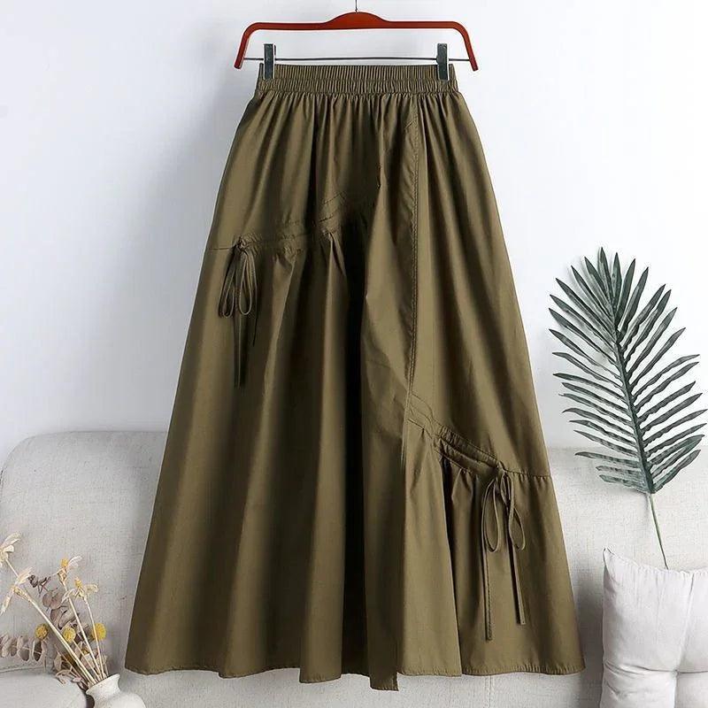 Jupe longue verte claire à poches et taille élastiquée, style féminin élégant