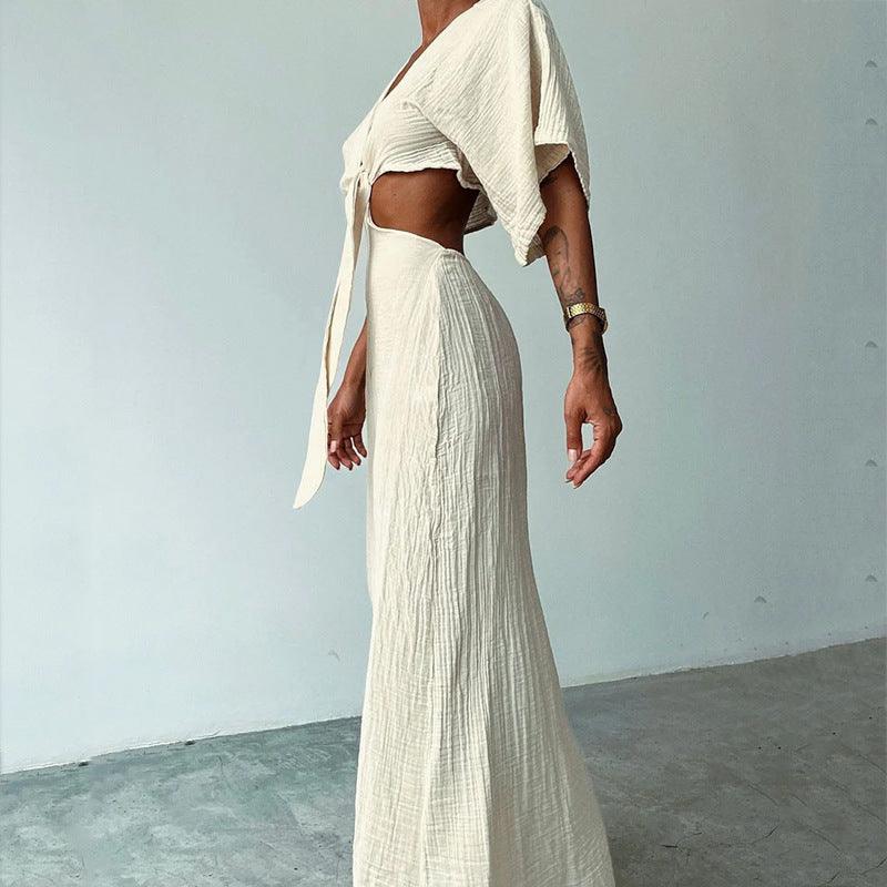 Robe bohème blanche à manches courtes et dos nu, style féminin élégant pour toutes occasions