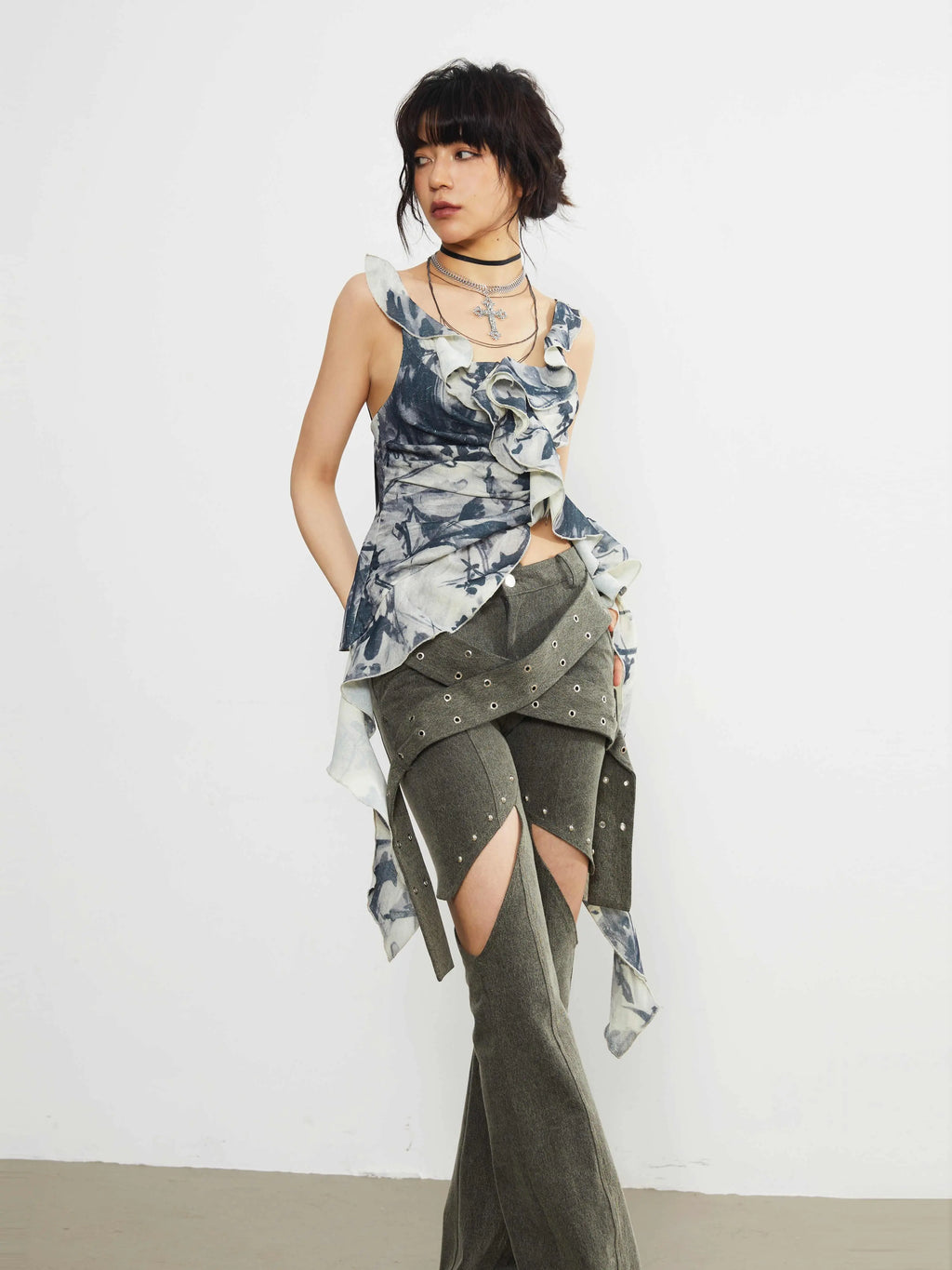 Top féminin à volants et imprimé floral, style bohème élégant, manches courtes, taille élastiquée