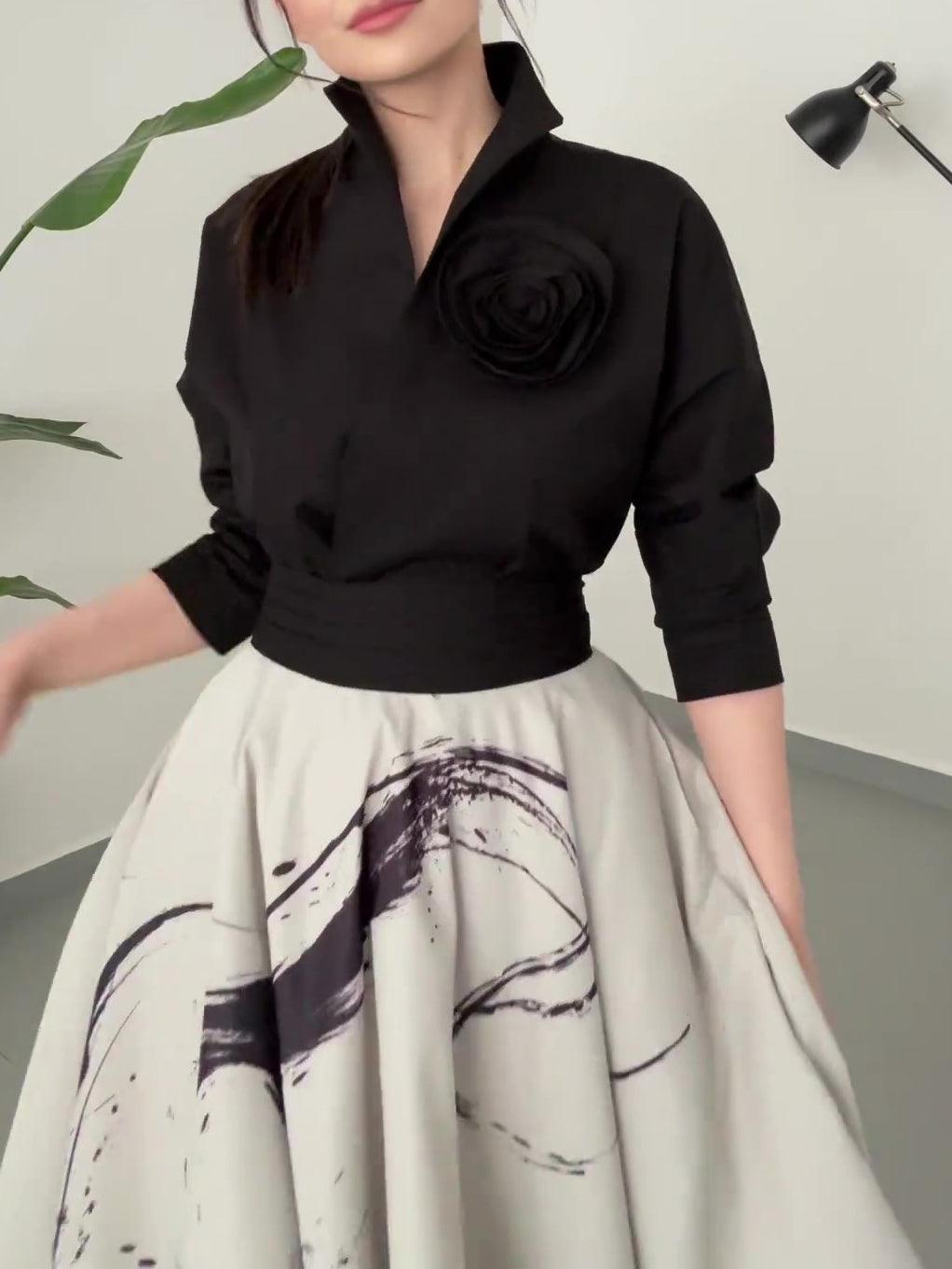 Top noir à fleur et jupe imprimée abstraite, mode féminine élégante pour toutes occasions
