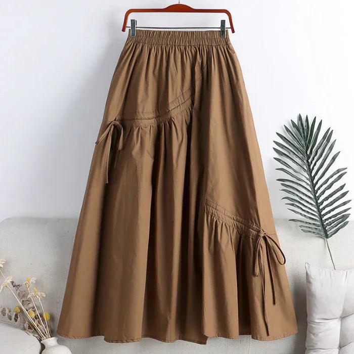 Jupe longue marron à volants et liens, style féminin élégant, mode femme