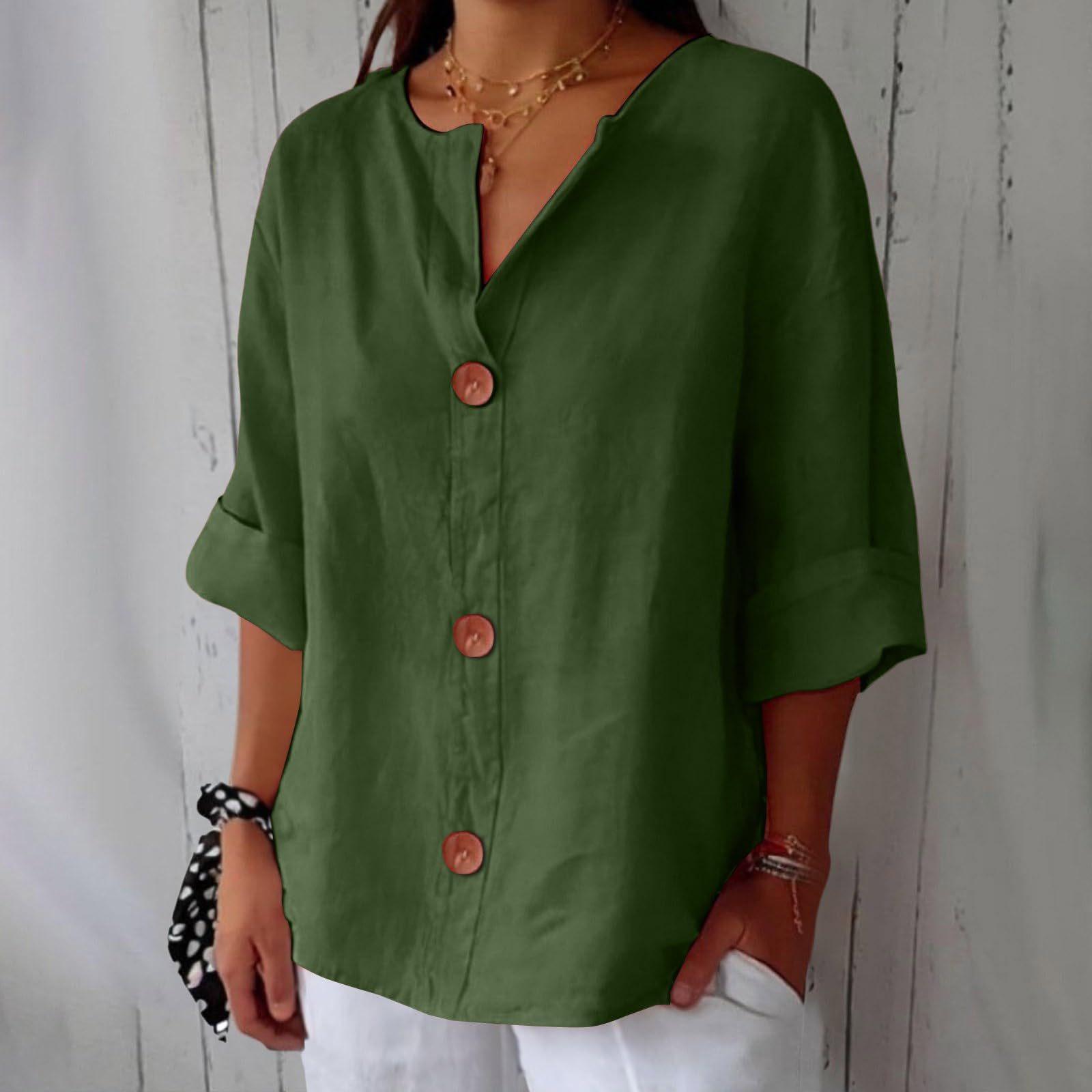 Blouse verte femme à boutons, manches 3/4, col V, style bohème élégant