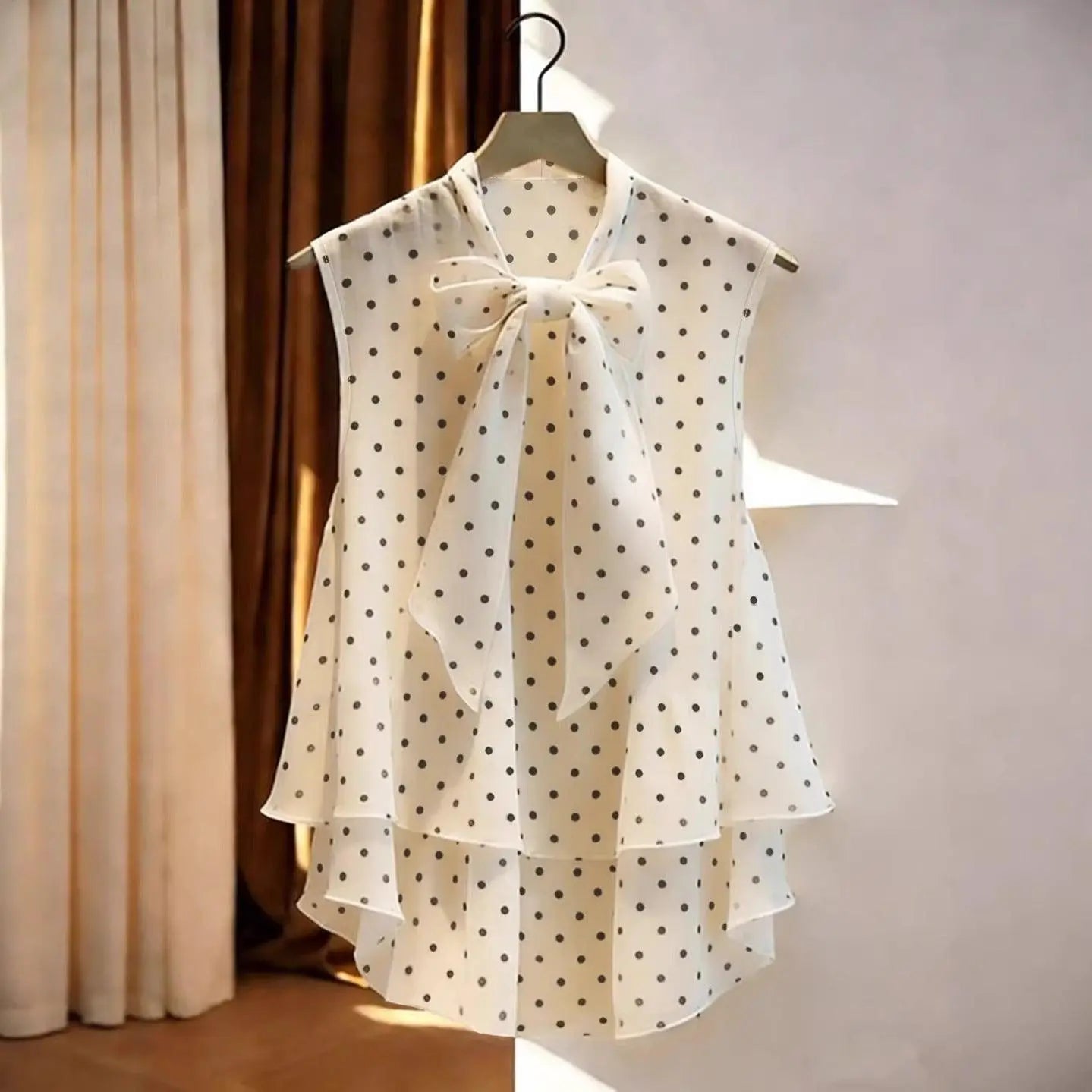 Top féminin blanc à pois noirs, col nœud, manches courtes, style élégant et fluide