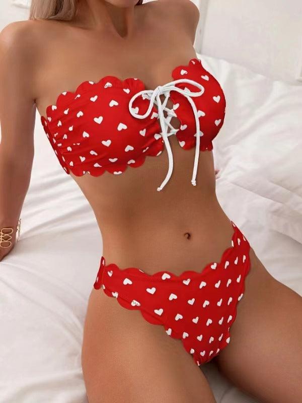 Maillot de bain rouge à coeurs blancs, bikini à lacets, mode féminine été