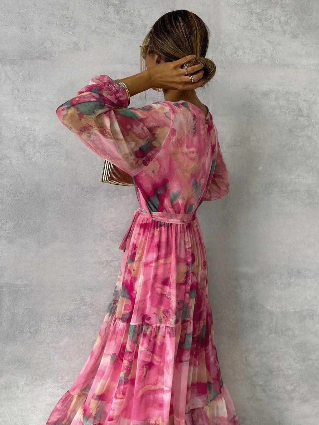 Robe féminine imprimée rose à manches longues, style bohème élégant pour toutes les occasions