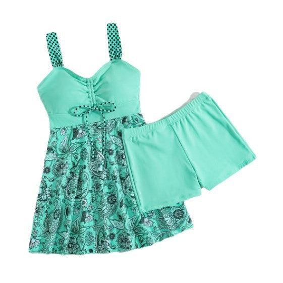 Maillot de bain 2 pièces turquoise à imprimé floral et short assorti, style bohème féminin