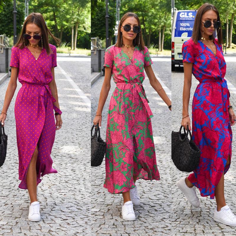 Robes féminines imprimées à motifs floraux et pois, idéales pour un style bohème chic en été.