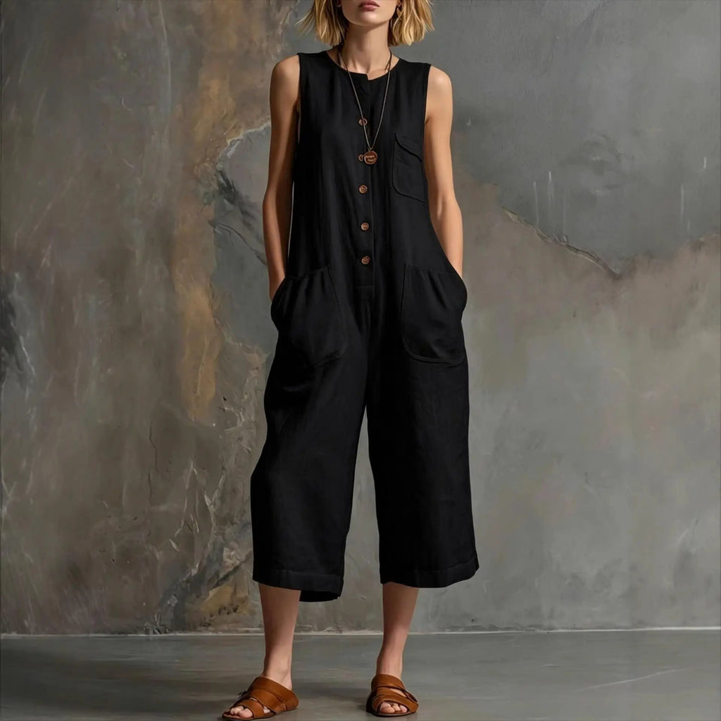 Combinaison noire sans manches à boutons et poches, style bohème féminin