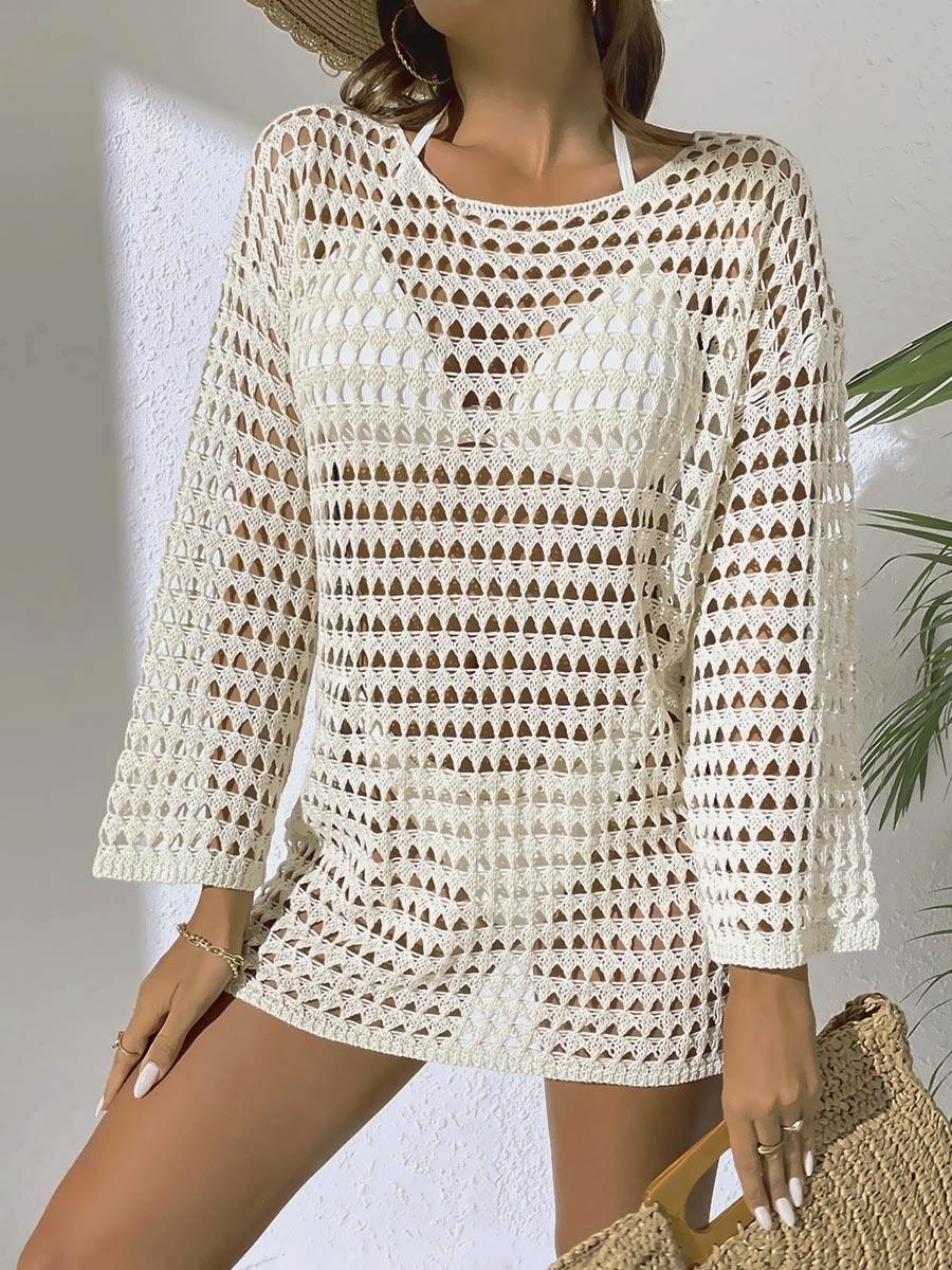 Tunique en crochet blanche pour plage, style bohème féminin avec manches longues et détails ajourés